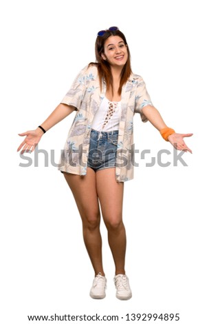 Full-length shot of Young woman in bikini in summer holidays smiling over isolated white background
