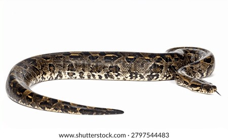 A full-length view of an African Rock Python snake, showing its patterned scales and forked tongue, isolated on a clean white background.