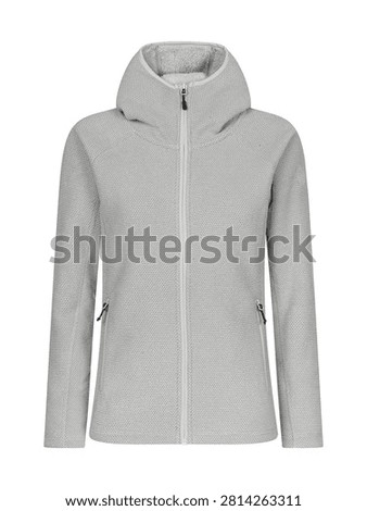 Fulllength view of a light gray textured hooded fleece jacket isolated on transparent background