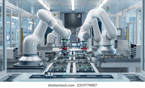 Fully Automated Modern PCB Assembly Line Equipped with Advanced High Precision Robot Arms at Bright Electronics Factory. Electronic Devices Production Industry. Component Installation on Circuit Board