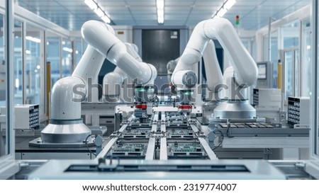 Fully Automated Modern PCB Assembly Line Equipped with Advanced High Precision Robot Arms at Bright Electronics Factory. Electronic Devices Production Industry. Component Installation on Circuit Board