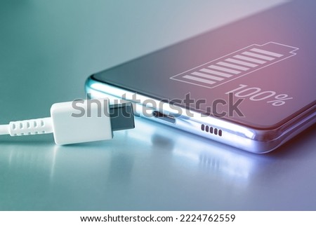 Fully charged battery icon on the touch screen of the cell phone and a USB Type-C cable. Fully charged smartphone battery. Keeping the battery intact. Battery safety. Copy space