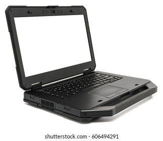 Fully Rugged Laptop With Blank Screen, Isolated On A White.