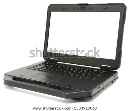 Fully Rugged Laptop with blank screen, isolated on a white background.