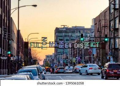 Fulton Market, Chicago-May 4, 2019: The busy Fulton Market District entrance and streetscape near Halsted Street. Google Corporate office in the background. Main streets in Chicago.