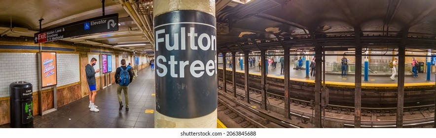 Fulton Street Subway Station Sign, Rails Without The Train, New York, Bronx, United States Of America, 10.26.2021