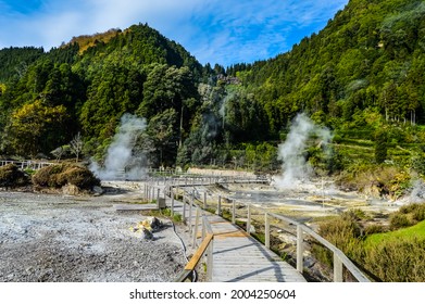 Fumaroles in Furnas Hot Springs, Sao Miguel Island, Azores, Portugal