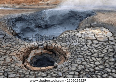 Fumaroles, Solfatars, solfatara field at the volcano Námafjall, mud pot, high temperature area Námaskarð or Namskard, Námafjall, North Iceland, Iceland