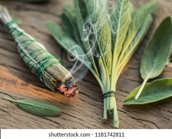 Fuming sage stick. Close-up shot of smoke.