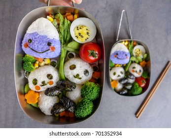 Fun With Animated Shaped Food Art / Mt Fuji And Panda Bento Box Meal / Homemade Vegetarian Meal Of Japanese Style With Fresh Ingredients And Farm Produce