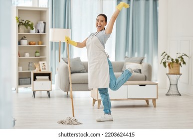 Fun Asian Woman, Mop Or Cleaning Living Room With Housekeeping Floor Product For Home Cleaner Service, Maid Or Worker. Happy, Smile Or Healthcare Maintenance In Bacteria Spring Clean Of Interior Room