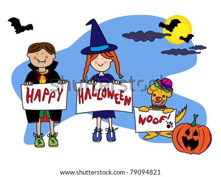 Fun cartoon characters disguised in their Halloween costume of Dracula a with and the dog is a clown wishing you a happy halloween. Vector: 79093822