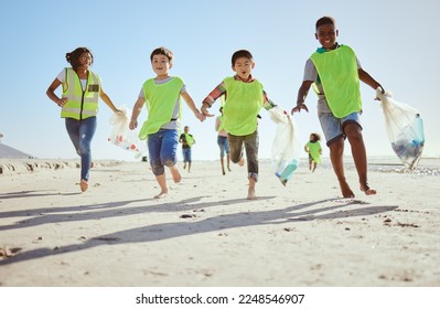 Fun children, plastic bag or beach cleaning, trash collection run or waste management in ocean clean up education or community service. Happy kids, climate change or volunteering for nature recycling - Powered by Shutterstock