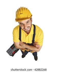 Fun Contruction Worker Portrait Isolated On White View From Above