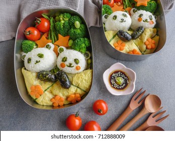 Fun And Delicious Homemade Vegetarian Meal With Animated Shaped Food / Sleeping Panda Bento Box Meal / Meat-free Diet For A Healthy And Clean Living Lifestyle,ideal For Weight Watcher,working Couples