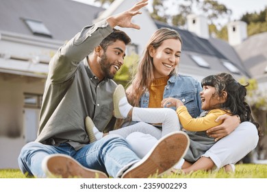 Fun, family and garden of new home with love, support and laughing with parents and kid. Backyard, smile and moving of mother, father and young girl together with bonding outdoor and real estate