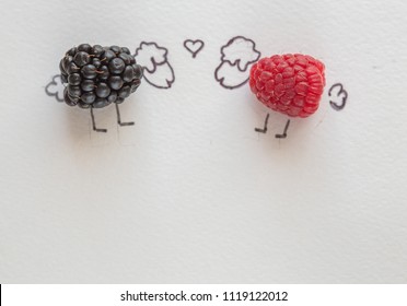 Fun food art for kids - raspberry lamb is in love with sheep blueberries - Powered by Shutterstock