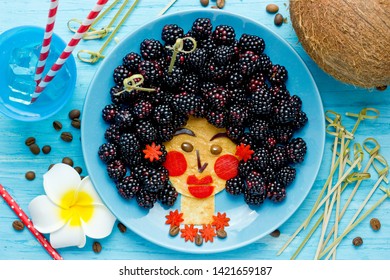 Fun Food Idea For Kids - Edible Hawaiian Girl Face From Pancake And Blackberry, Food Art