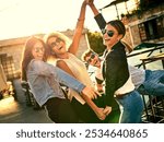 Fun, friends and smile for hangout, outdoor and bonding for summer break in university and playing. Party, happy and people with shades, reunion and celebration for birthday, students and together