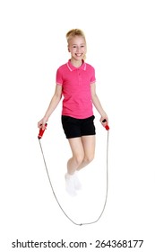  Fun Girl Jumping Rope - Isolated On White Background