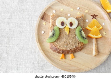 Fun holidays owl toast with fruit, food art breakfast for kids