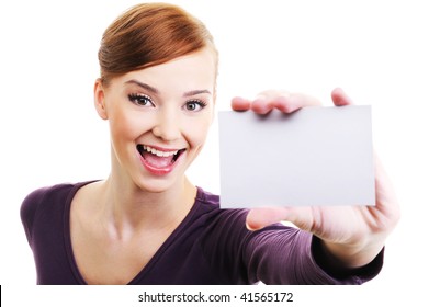 Fun And Laughing Beautiful Female Person With Blank Business Card  In Hand. High Angle View