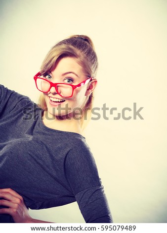 Fun leisure casual past time relax concept. Nerdy girl fooling around. Silly blonde woman in glasses cheerign playing.