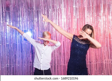 Fun, Mothers Day, Children And Family Concept - Teen Boy And His Mom Funny Dancing Shiny Party Background.