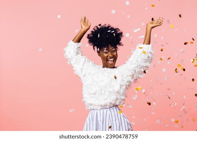 Fun party girl, smiling woman throwing confetti	 - Shutterstock ID 2390478759