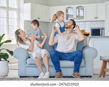 Fun, smile and family relax on sofa house for bonding, love and care or hug in living room together. Happy, woman and man with children for childhood, support and trust of memory at home break - Powered by Shutterstock