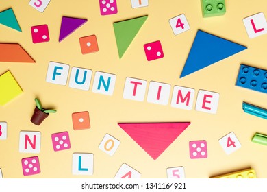 Fun time concept with toy and objects for child education concept on Yellow background