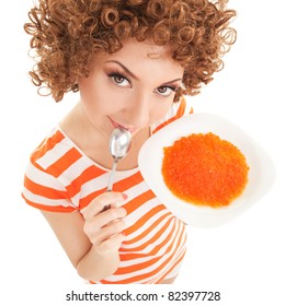 Fun Woman Eating Caviar On The White Background