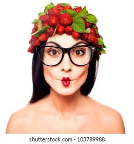 Fun woman with strawberry hat on the white background - Powered by Shutterstock