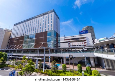 FUNABASHI, CHIBA / JAPAN - MAY 30 2019 : Scenery in front of "Funabashi" station. At the south exit of the station there are shopping centers such as “Shapo Funabashi” and a Pedestrian Deck.