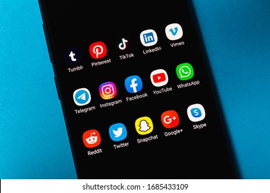 Funchal, Portugal - March 2020: Contemporary Social Media Applications Icons On A Black Modern Smartphone Screen