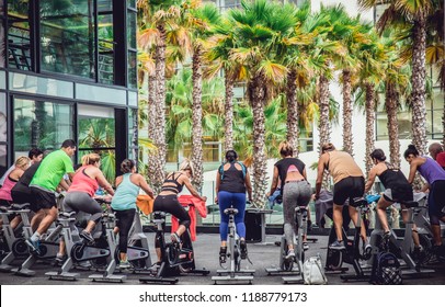 Funchal,Madeira/Portugal-05.09.2018. Outdoor Stationary Bike Spinning Class On The Streets On Funchal, Madeira Island.