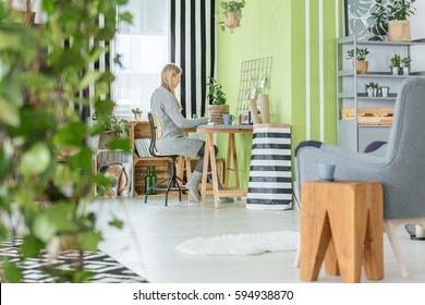 Functional Green Home Office And Living Room Combined