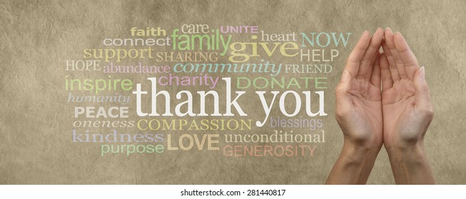 Fund Raising Campaign Website Header Saying Thank You - Female Cupped Hands On Parchment Effect Background With A Word Cloud Surrounding The Word Thank You For Seeking Charitable Donations And Help