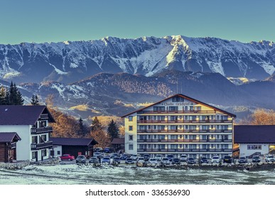 FUNDATA, ROMANIA - DECEMBER 24, 2014: Cheile Gradistei Fundata touristic resort. Situated at 35 km from Brasov, the complex offers beautiful panoramas of the Piatra Craiului and Bucegi mountains.