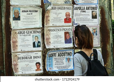 Funeral Announcements Announcing Deaths During The Coronavirus Emergency On Municipal Bulletin Boards. Turin, Italy - April 2020