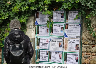 Funeral Announcements Announcing Deaths During The Coronavirus Emergency On Municipal Bulletin Boards. Turin, Italy - November 2020