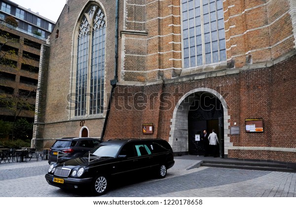 Α funeral car parked outside St.\
Lawrence in Rotterdam, Netherlands on Oct. 29,\
2018