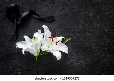 Funeral Concept With Lily And Black Ribbon, Space For Text