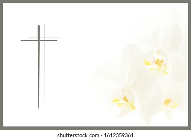 Funeral flower Condolence card. frame with white Moon orchids and a cross. Close up of white orchids on light background. Empty place for a text. Appreciation, feelings compliment, mourning frame. 