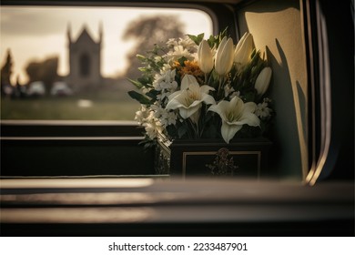 Flores funerales en la parte de atrás de una casa que conducía a través de un cementerio al atardecer