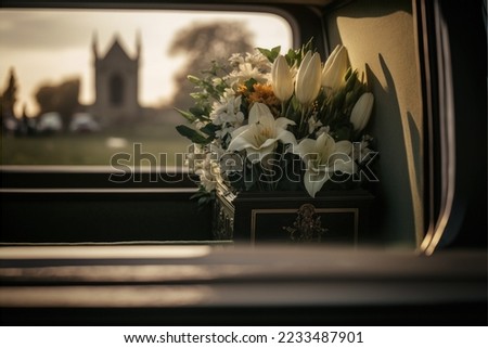 Funeral flowers in the back of a hearse driving through a cemetery at sunset
