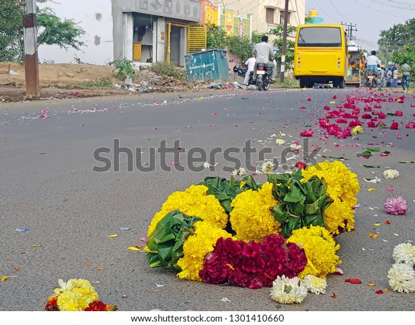 Funeral procession passed by in the streets of\
Tiruvanamalai in India