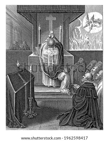 The funeral service. The priest holds up the Holy Sacrament. In the background right, an angel rescues a soul from purgatory.