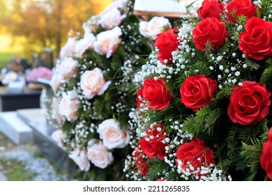 Funeral Wreath With Red Roses. Flower Decoration For The Grave. The Last Good Bye.