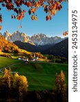 Funes valley in autumn season, Santa Magdalena, Bolzano Province, Trentino-Alto Adige, Italy, Europe